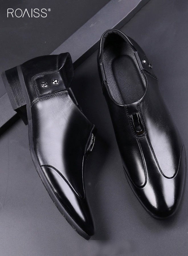 رويس حذاء رجالي جلدي مدبب من الأمام، سهل الارتداء، مناسب للارتداء اليومي، مريح، يسمح بالتهوية، متين، مثالي للارتداء في العمل أو المناسبات غير الرسمية، ومناسب تمامًا لحفلات الزفاف والمناسبات الخاصة، أسود اللون - Image 1